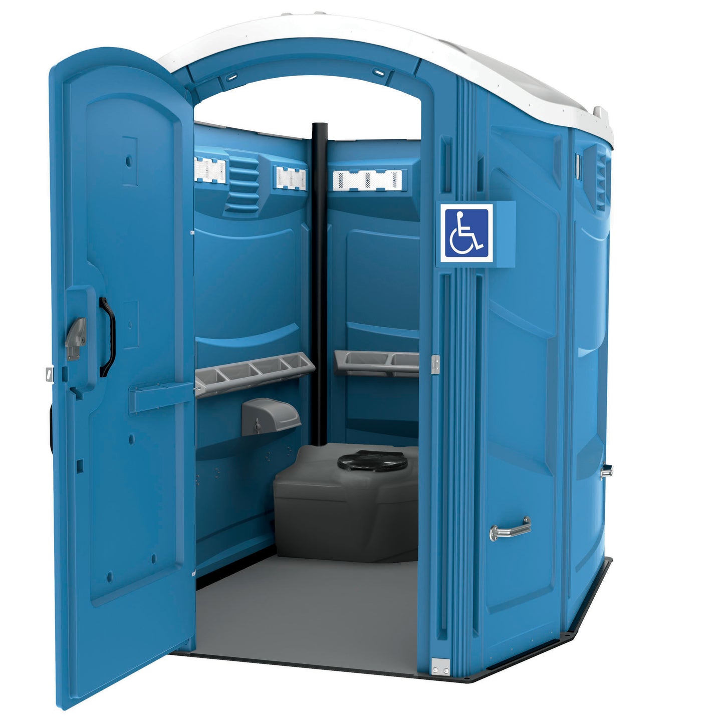 An open ADA handicap potty rental at an outdoor event venue, providing accessibility and comfort to all attendees.