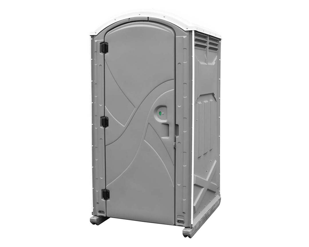 A standard porta potty rental placed at an outdoor event venue, providing convenience and comfort to attendees.